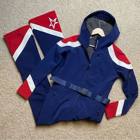 Women’s Perfect Moment Allos Ski Suit Navy Blue Red EUC Large Belted Ski Suit - Picture 2 of 13